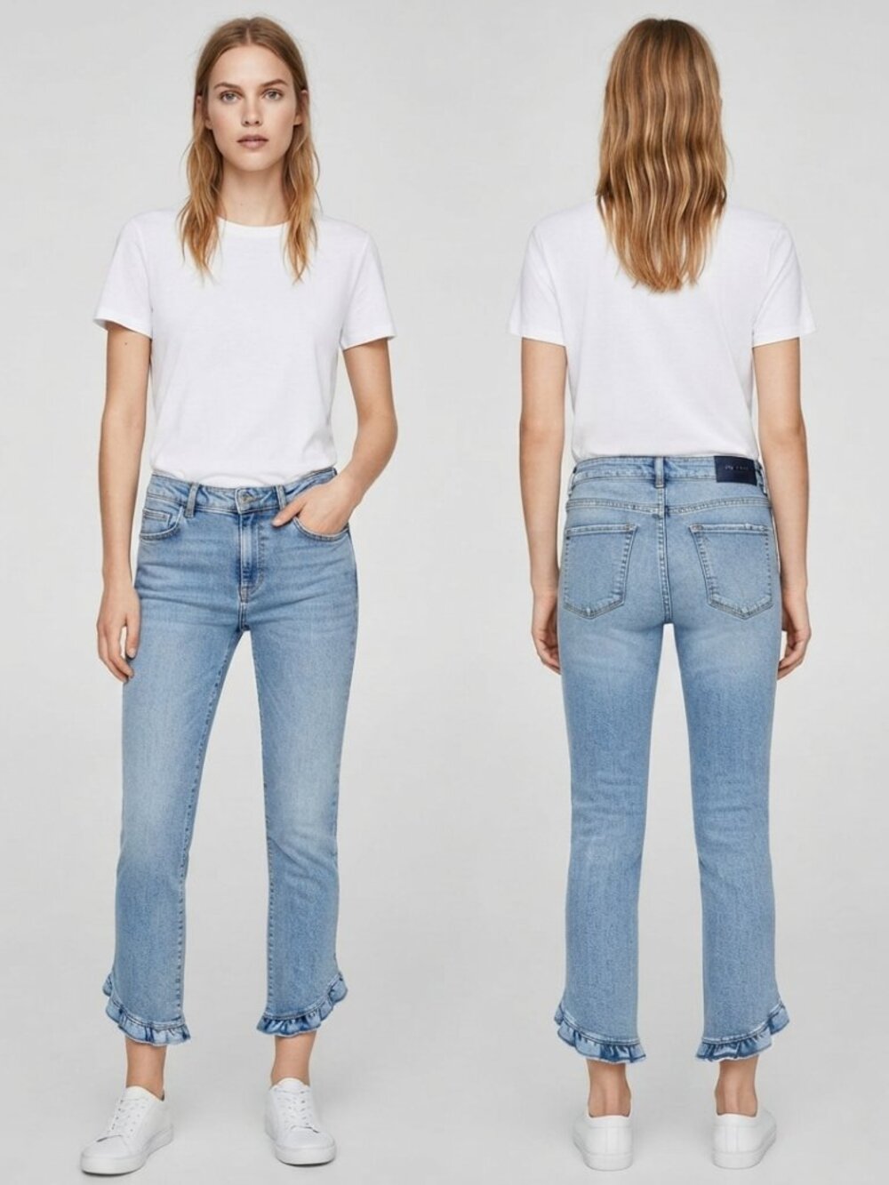 Zara Y2K Style Ruffle Bottom Light Wash Slim Jeans 8